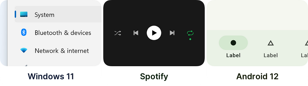 Three screenshots. From the left: a Windows 11 navigation pane with a line on the left of the active page, the Spotify playback controls with repeat enabled and a dot below the repeat icon to signify state, and an Android 12 navigation bar with the current page signified by a pill shape behind the page icon.