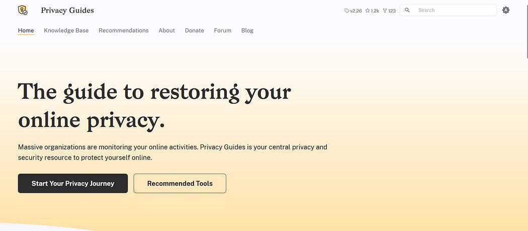 A screenshot of the Privacy Guides homepage