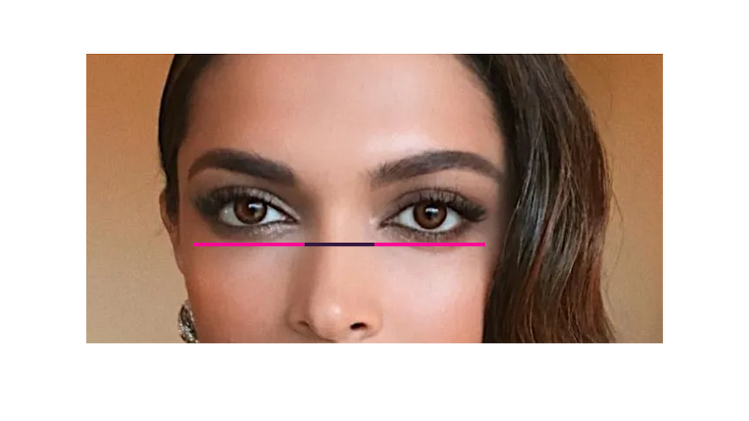Image of Deepika Padukone’s eyes with lines drawn to measure the eyes & gap between them