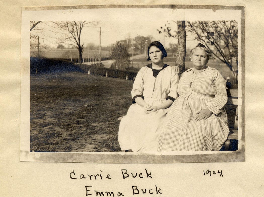 A photograph of Carrie and Emma Buck in 1924, right before the Buck v. Bell trial, which provided the first court approval of a law allowing forced sterilization in Virginia.