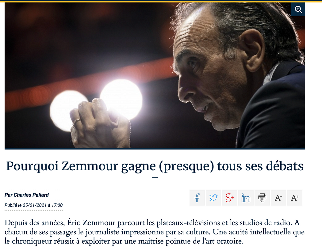 Capture d’écran d’un article : pourquoi Zemmour gagne presque tous ses débats