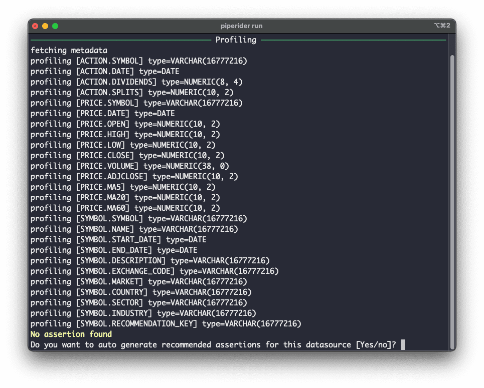 PipeRider’s CLI tool offers to generate recommended data assertions based on your data profile