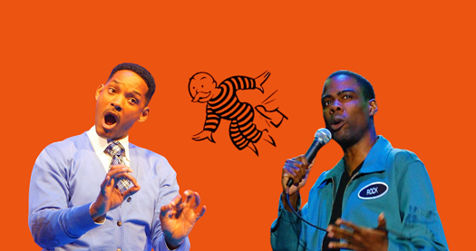 Will Smith and Chris Rock on a get-out-of-jail-free card orange template from monopoly following the events at the Oscars 2022 when the actor smacked the comedian on the face after a rant about his wife.