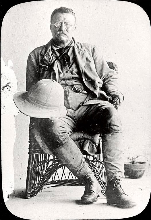 Photograph of Theodore Roosevelt sitting in a chair in expedition attire. Hat on his lap.