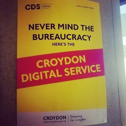 A poster in classic Sex Pistols album cover style that says “Never mind the bureaucracy, here’s the Croydon Digital Service”
