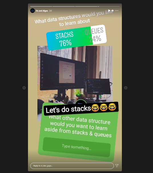 Instagram survey, where 76% voted yes to an article about stacks with javascript