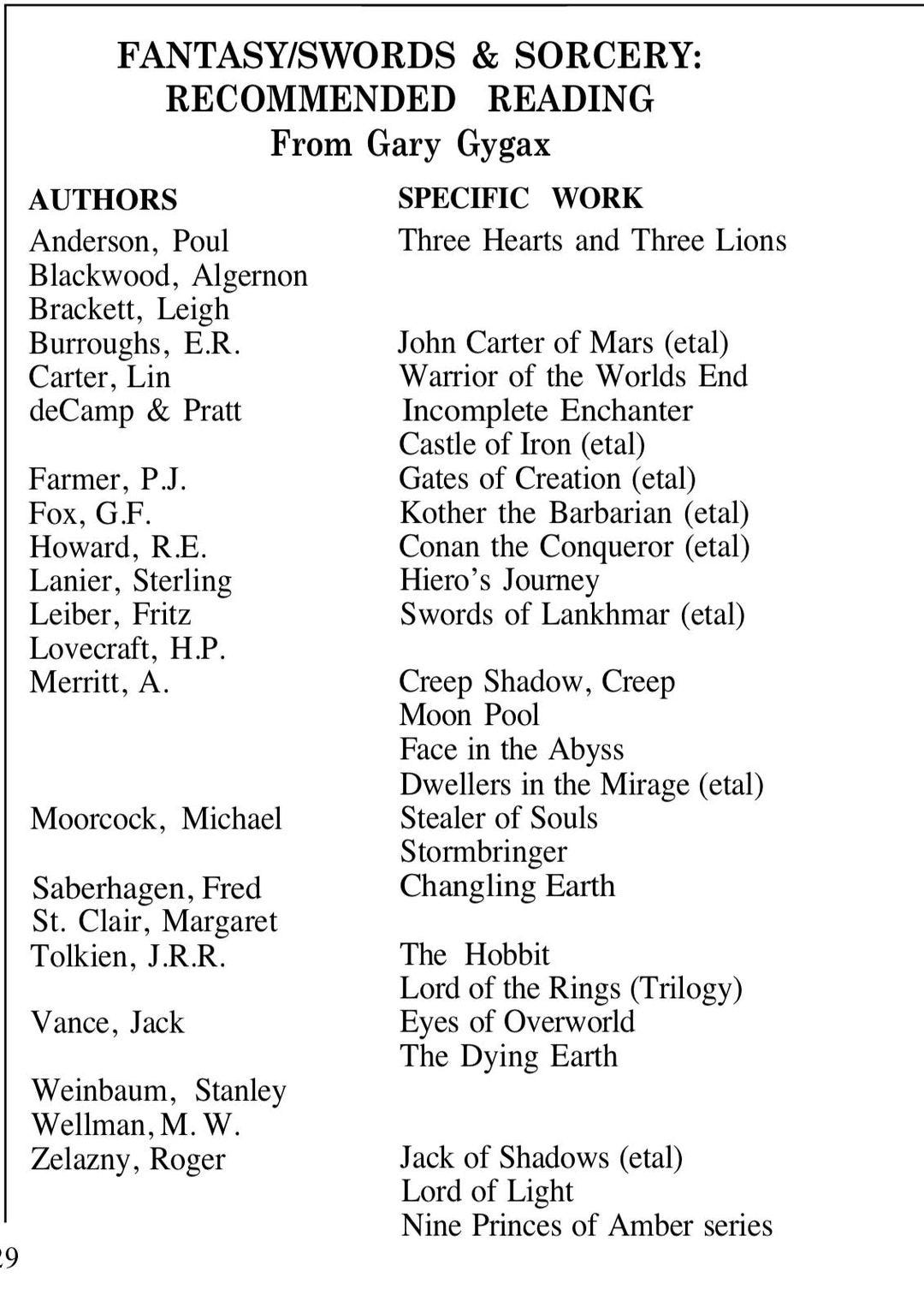 Gary gygax s recommended fantasy reading list adam s notebook medium