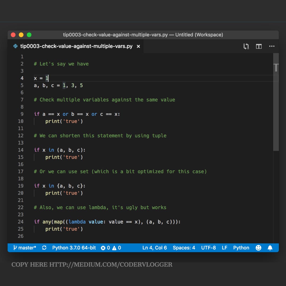 Python: how to test multiple variables against a value? | by Kanan Rahimov  | CoderVlogger | Medium