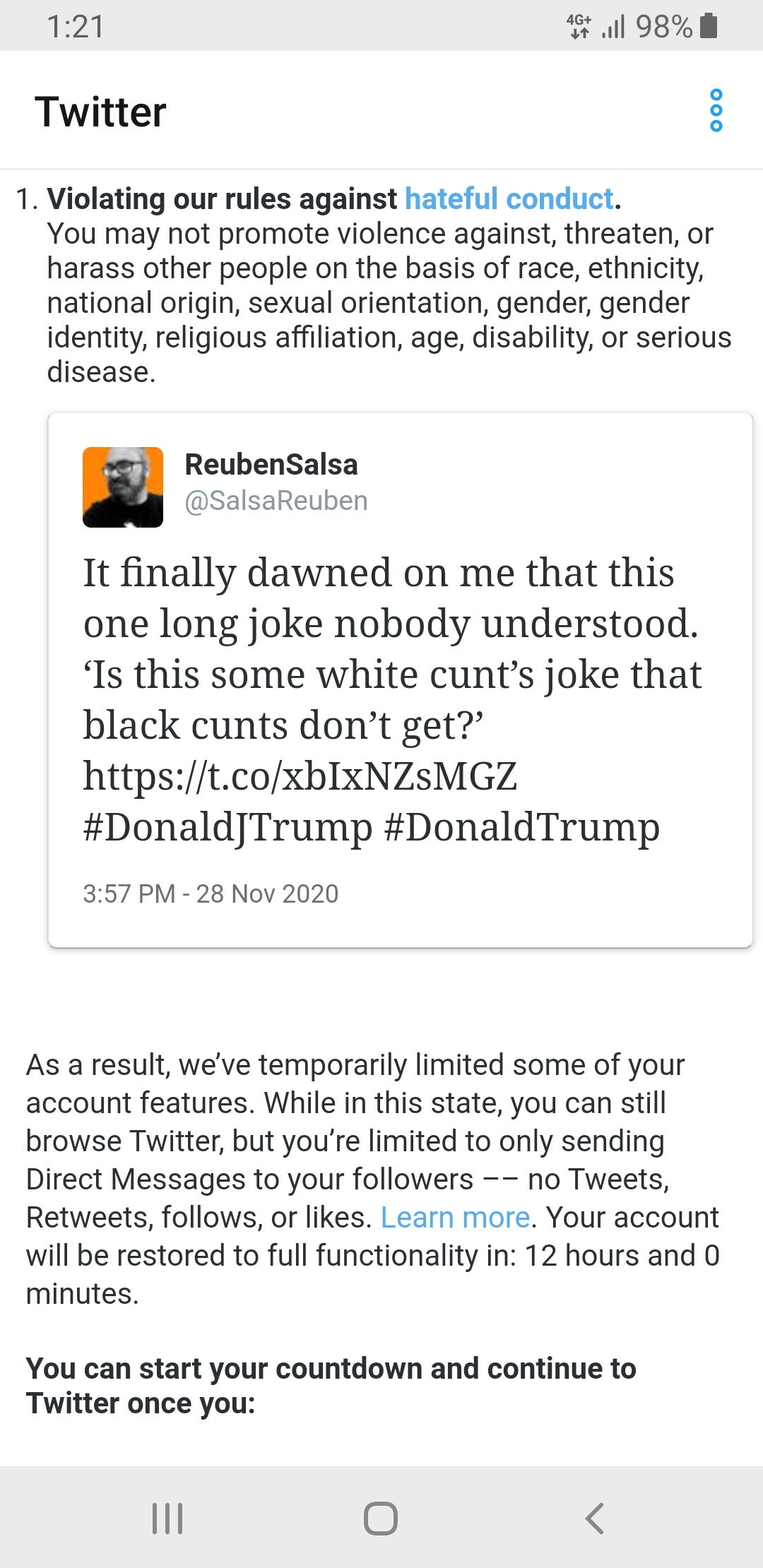 Tweeted this on Twitter. Instant ban. Guess no one can say Black cunt  anymore…or maybe that's my racist bias and it was white cunt Trump that got  me banned. Be warned when