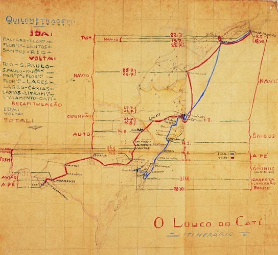 Mapa desenhado a mão por Dyonélio Machado sinaliza a viagem do personagem de seu romance por RS, SC até o Rio de Janeiro