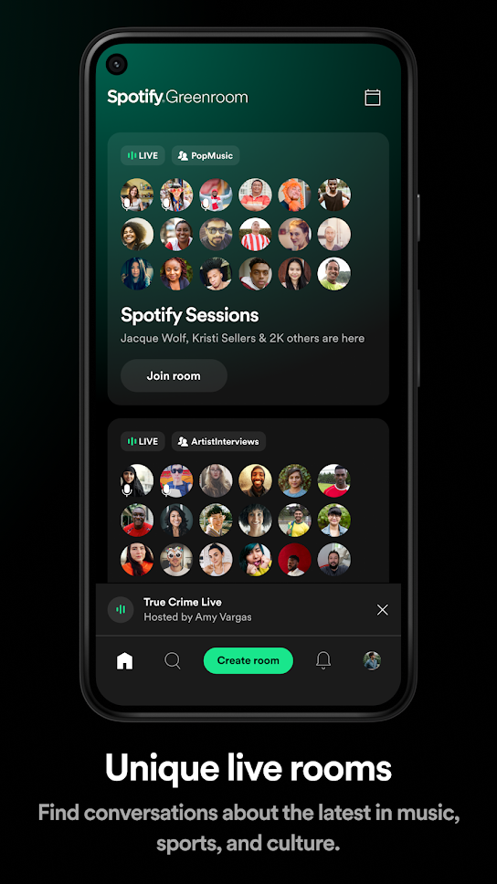 screenshot of Spotify Greenroom app Discovery page