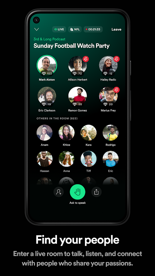 screenshot of a live room inside Spotify Greenroom app