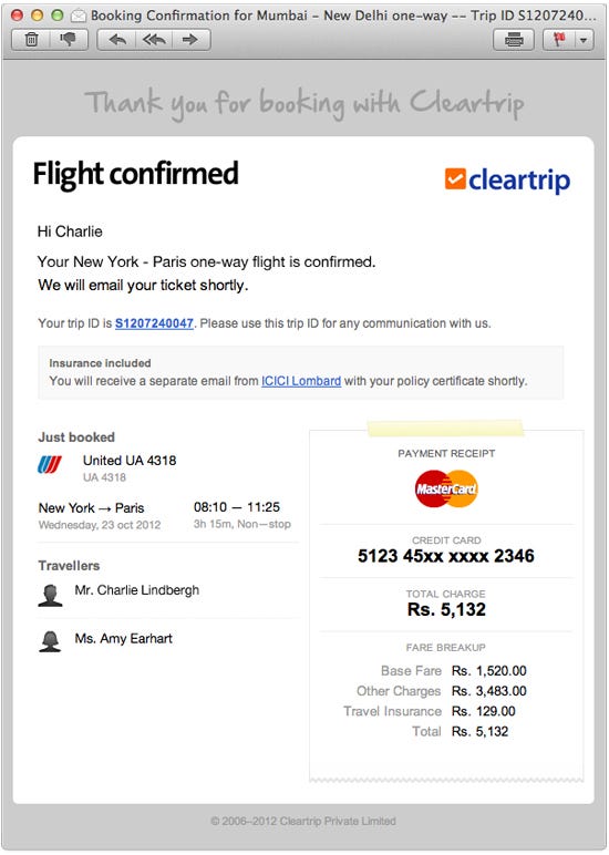 one travel booking confirmation
