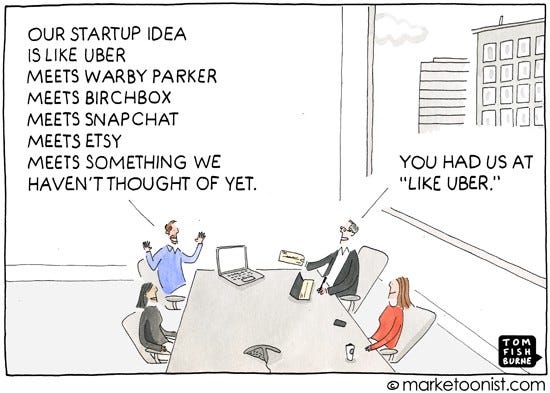 A cartoon by marketoonist with a funny take on startup ideas.
