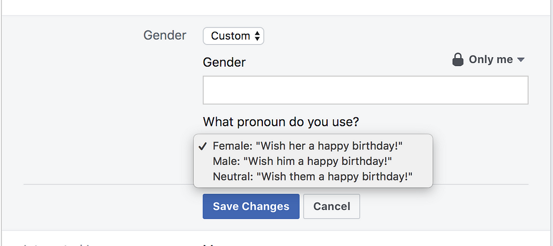 Facebook’s pronoun selection screenshot