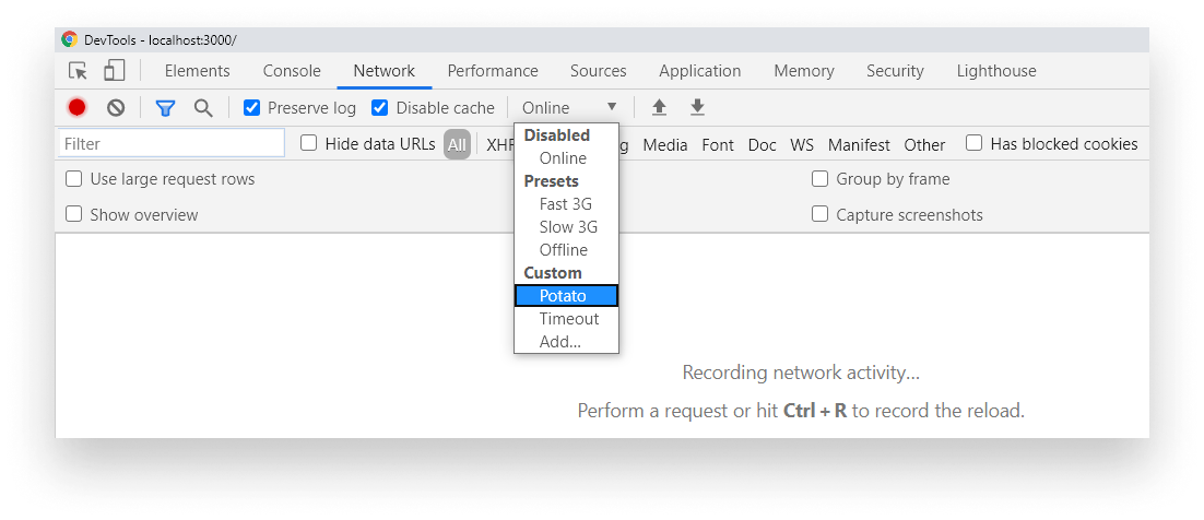 Setting throttling on Network panel to slow down network speed