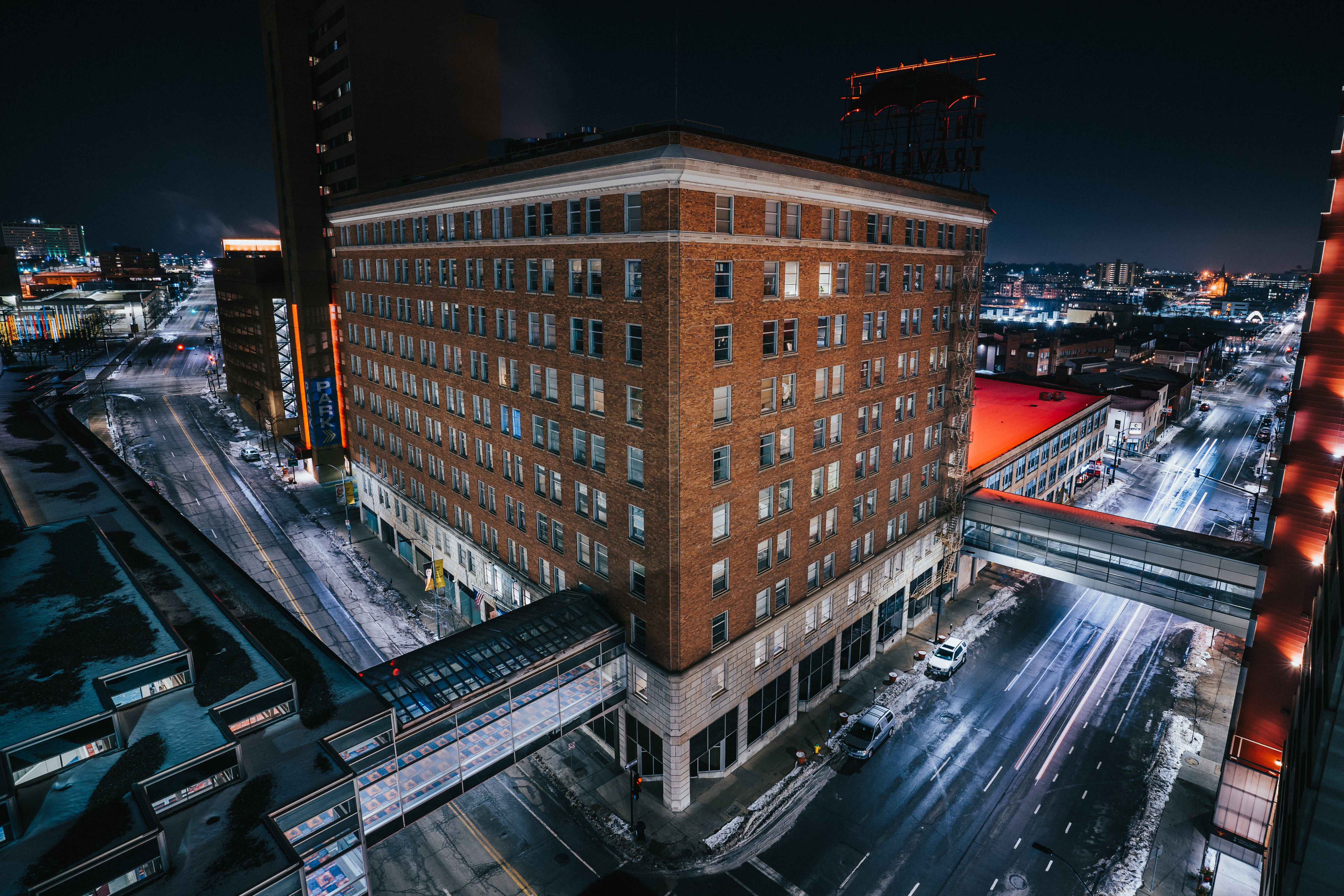 Building in a snowy cityscape