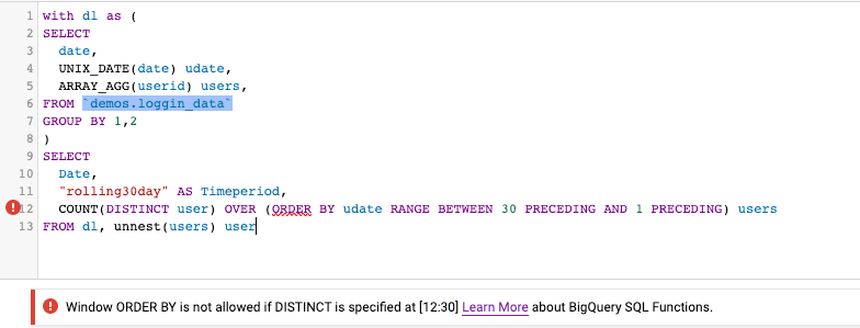 How To Do Rolling Count Distinct In BigQuery Analytic Function Is Not 