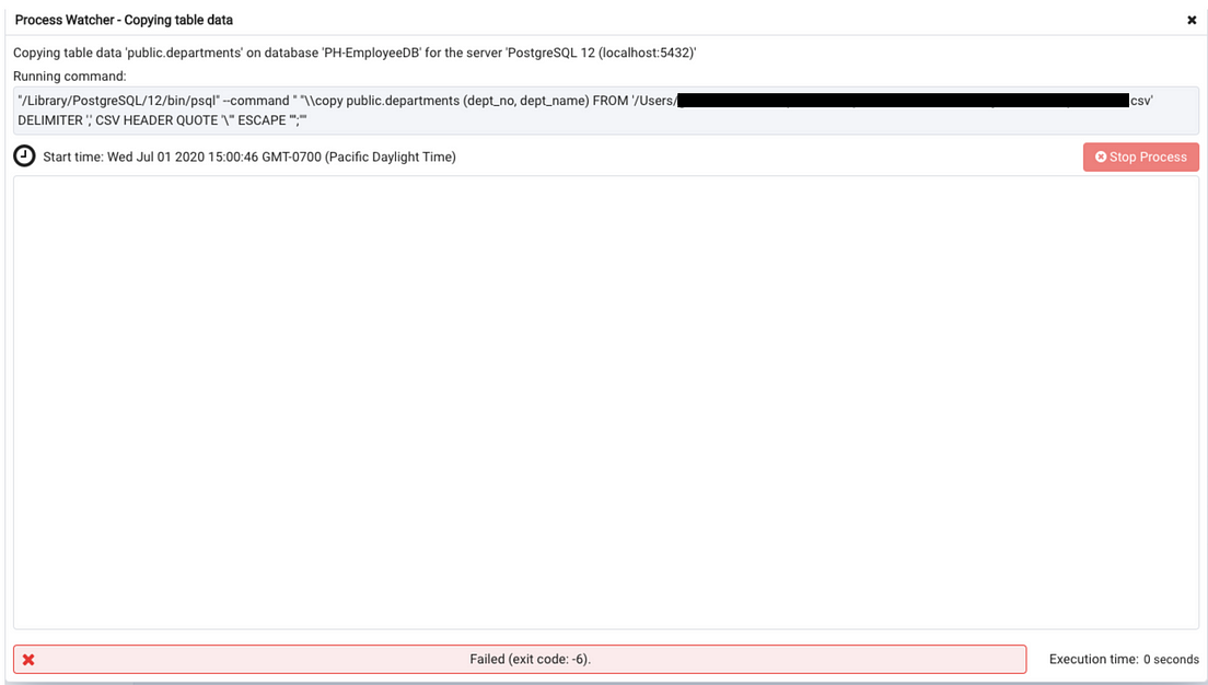 Fix for pgAdmin CSV import ‘Failed (exit code 6)’ error (macOS)  by