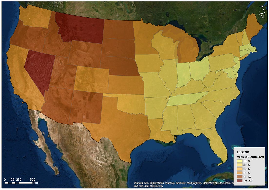Mean distance to the nearest Walmart in the USA by Ezgi Tukel Medium