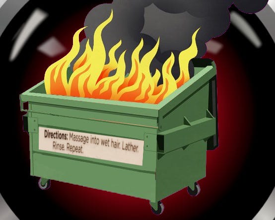 A flaming dumpster emblazoned with a shampoo label reading ‘lather, rinse, repeat,’ superimposed over the menacing red eye of HAL9000 from 2001: A Space Odyssey. Image: Open Food Facts (modified) https://world.openfoodfacts.org/cgi/product_image.pl?code=0080878189229&id=ingredients_en CC BY-SA 3.0 https://creativecommons.org/licenses/by-sa/3.0/deed.en Hugh D’Andrade/EFF (modified) https://www.eff.org/about/staff/hugh-dandrade Cryteria (modified) https://commons.wikimedia.org/wiki/File:HAL90
