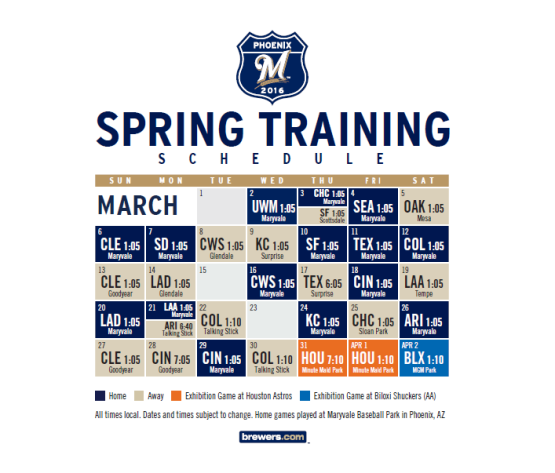 Printable Brewers Spring Training Schedule