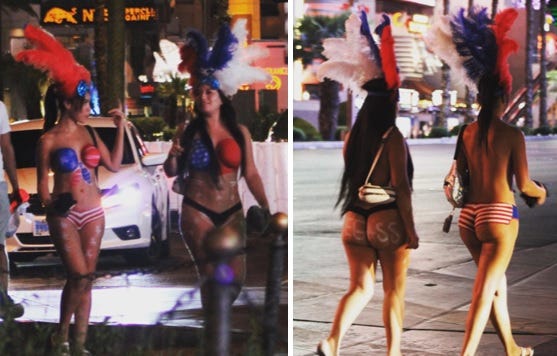 Nighttime photos of two ladies impersonating Vegas Showgirls, scantily dressed in red, white and blue with feather headdresses