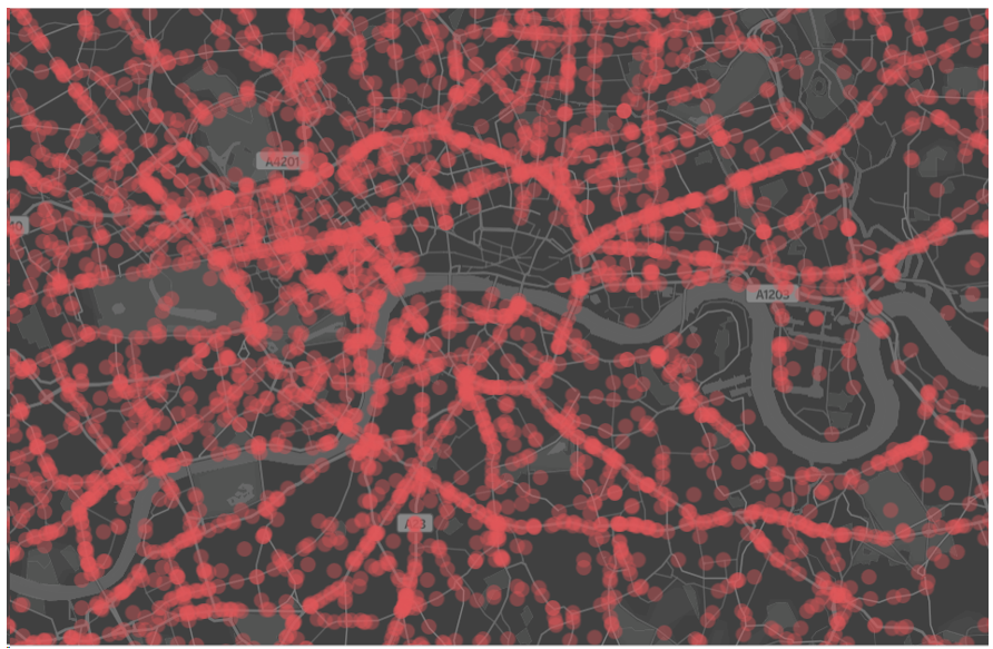 The city of London. Each red spot indicates an accident between 2012 and 2014. As we can see, London is full of (historical) car accidents!