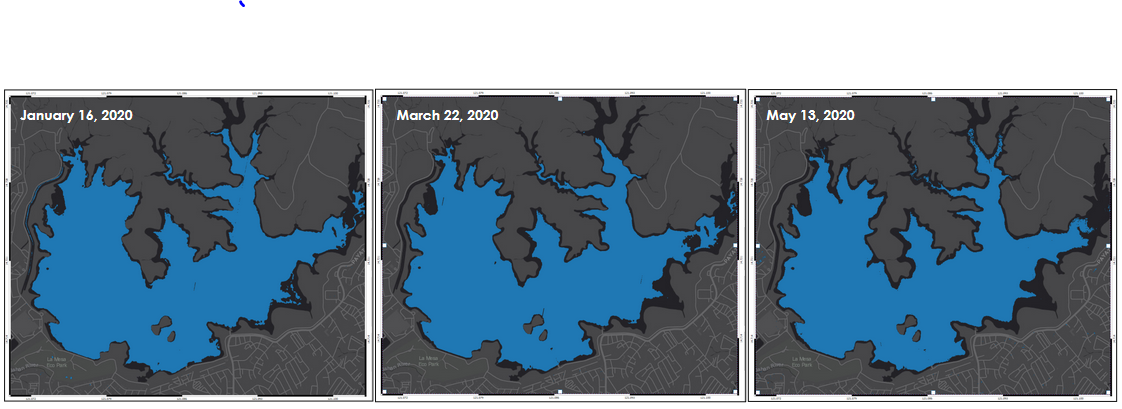 Figure 4. The blue parts depict the possible extent of water in La Mesa Dam in January, March, and May 2020 derived from Dove Satellite Images. [Source: Remote Sensing and Data Science (DATOS) Help Desk and Philippine Earth Data Resource and Observation (PEDRO) Center]