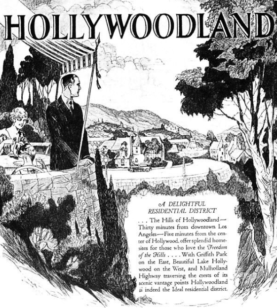 Hollywoodland ad depicting a well-dressed man and woman looking out from their balcony over the Hollywood Hills.