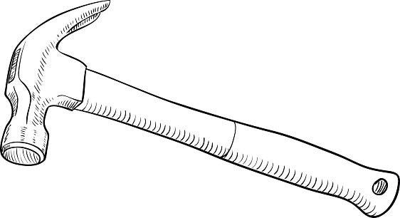 Un dessin au trait noir et blanc d'un marteau