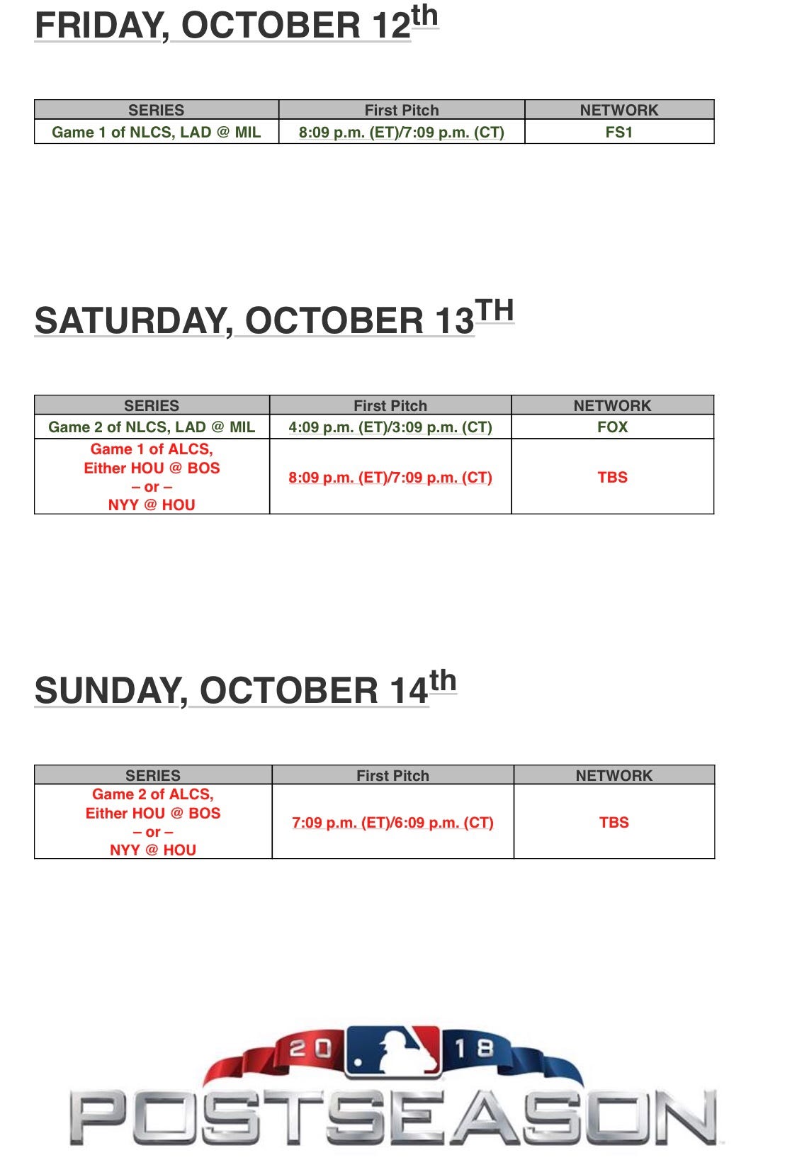 Lcs Start Times Through Sunday Announced Cait Covers The Bases
