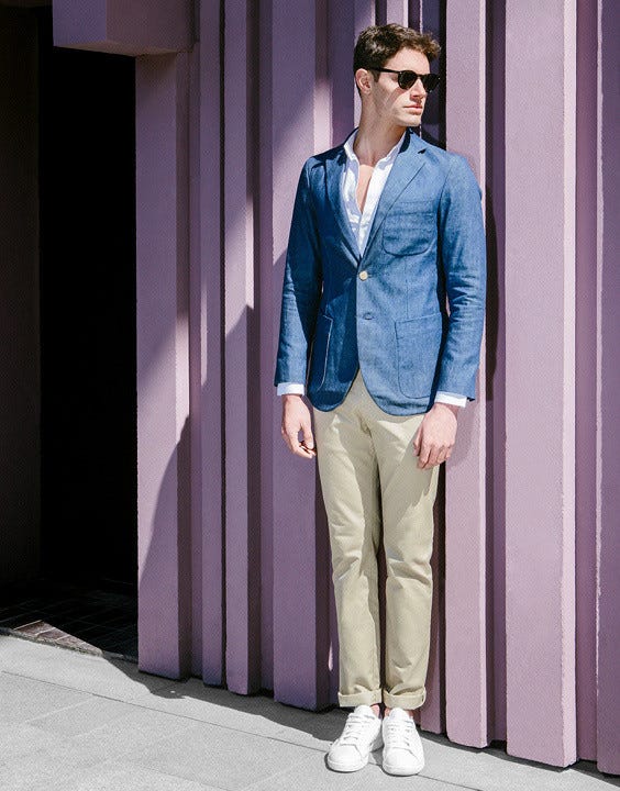 pant shirt combination with blue blazer