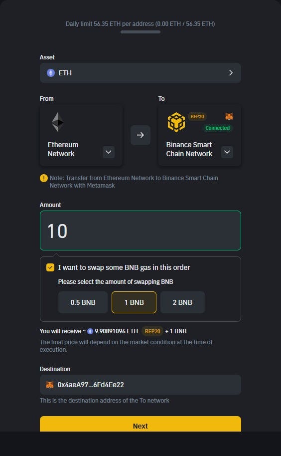 How to transfer ethereum to binance create erc20 token that acts as fuel on ethereum chain
