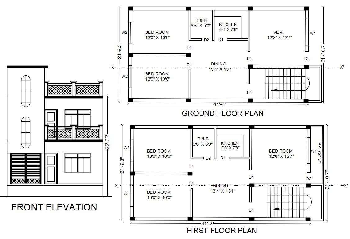 2 Storey House Plan With Front Elevation Design Autocad File