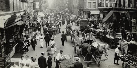 Photo of a street scene in the Lower East Side of New York City, where hundreds of thousands of Jews began their lives in America