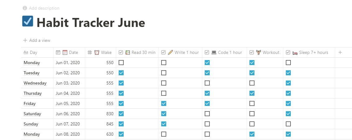 habit tracker in Notion by Blake Reichmann 