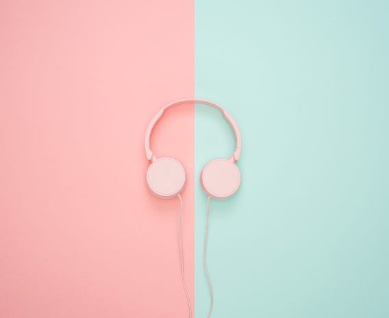 headphones pink on one side and green on the other