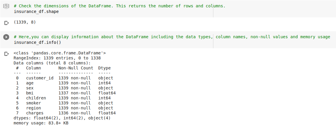 A screenshot of a cell in Google Colab, showing the code for inspecting data.