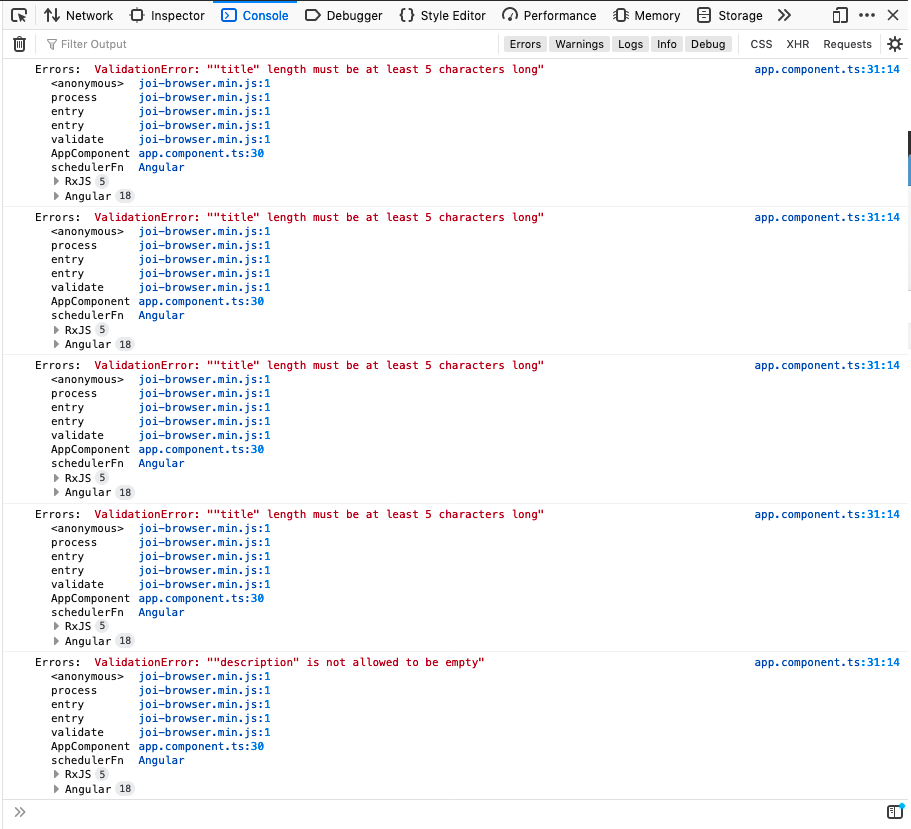 Error messages in console.
