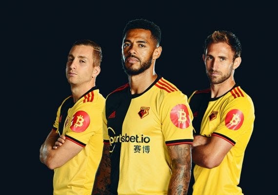 EFL Watford Football Club with bitcoin logo printed on the sleeves. Photo: SuperCryptoNews