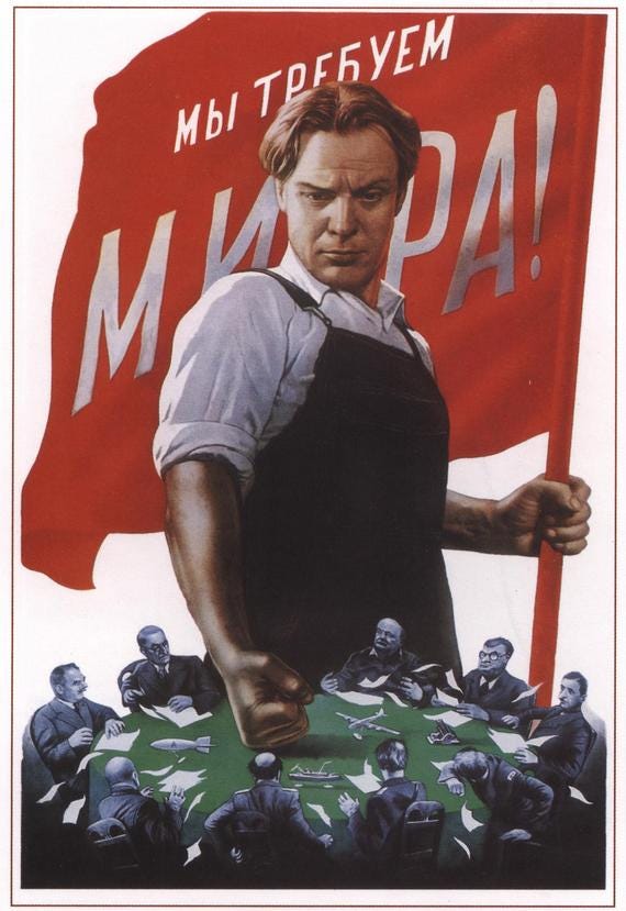 Soviet poster of a working class man standing as a giant, slamming his fist unto a conference table full of ant sized capitalists and career politicians.