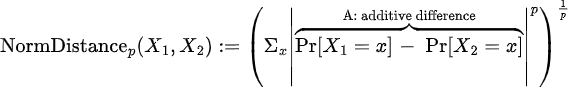 \text{NormDistance}_p(X_1, X_2) := \left( \Sigma_x \left| \overbrace{\Pr[X_1=x] — \Pr[X_2=x]}^{\text{A: additive difference}} \right|^p \right)^\frac{1}{p}