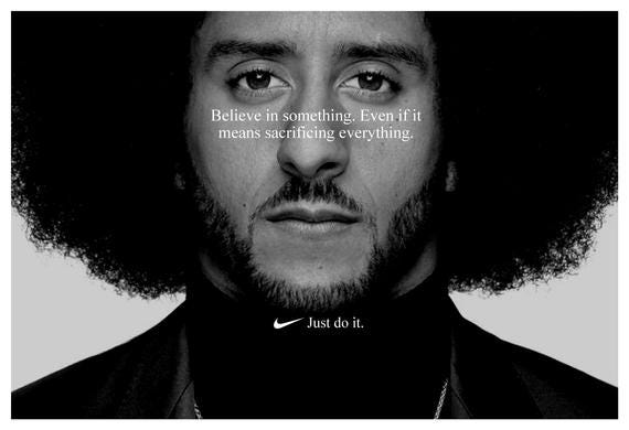 The cover of Nike’s print ad with former NFL quarterback Colin Kaepernick.