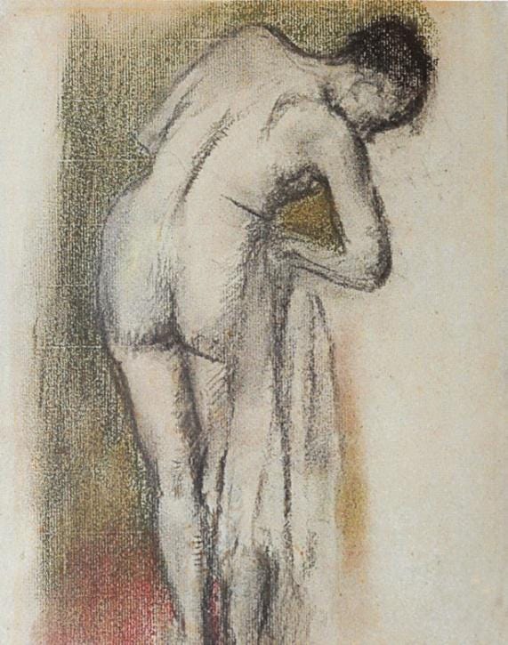 Sketchy painting of the back side of a naked woman drying her hip with a towel. She is looking down and bending slightly at her waist.