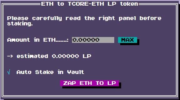 Just deposit Ethereum, and out comes $TCORE LP!