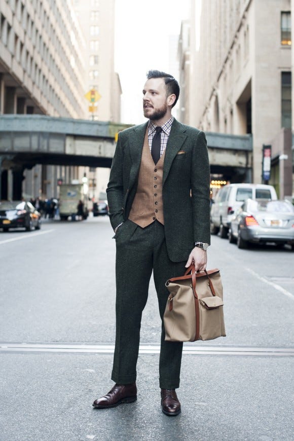 brown waistcoat with blue suit 