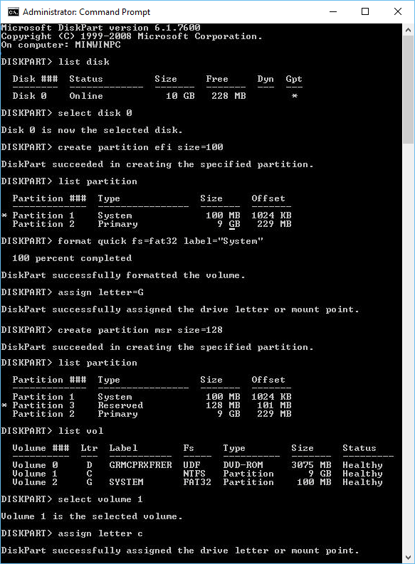 create boot partition with diskpart