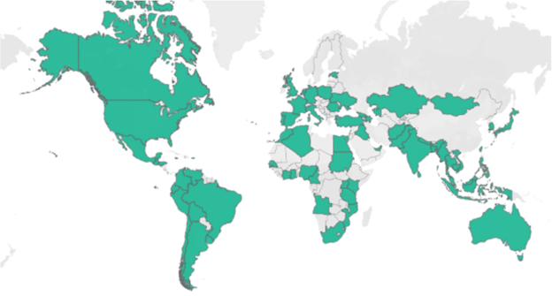 Map of 67 countries across all WHO regions where survey was conducted.