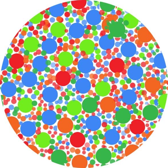 A circle containing a series of different coloured spots of differing sizes that imitates an Ishihara colour vision test